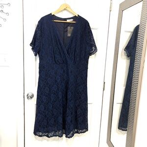 Plus Size Floral Lace Midi Dress Navy Short Sleeve Formal Romantic Wedding 24W‎